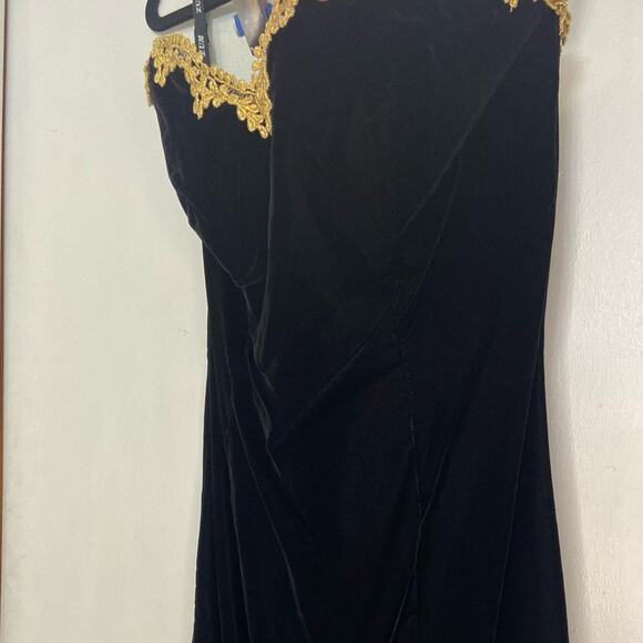 Vintage Zum Zum Strapless Black Velvet Mini Dress Gold Trim Small Whimsigoth - Picture 6 of 11